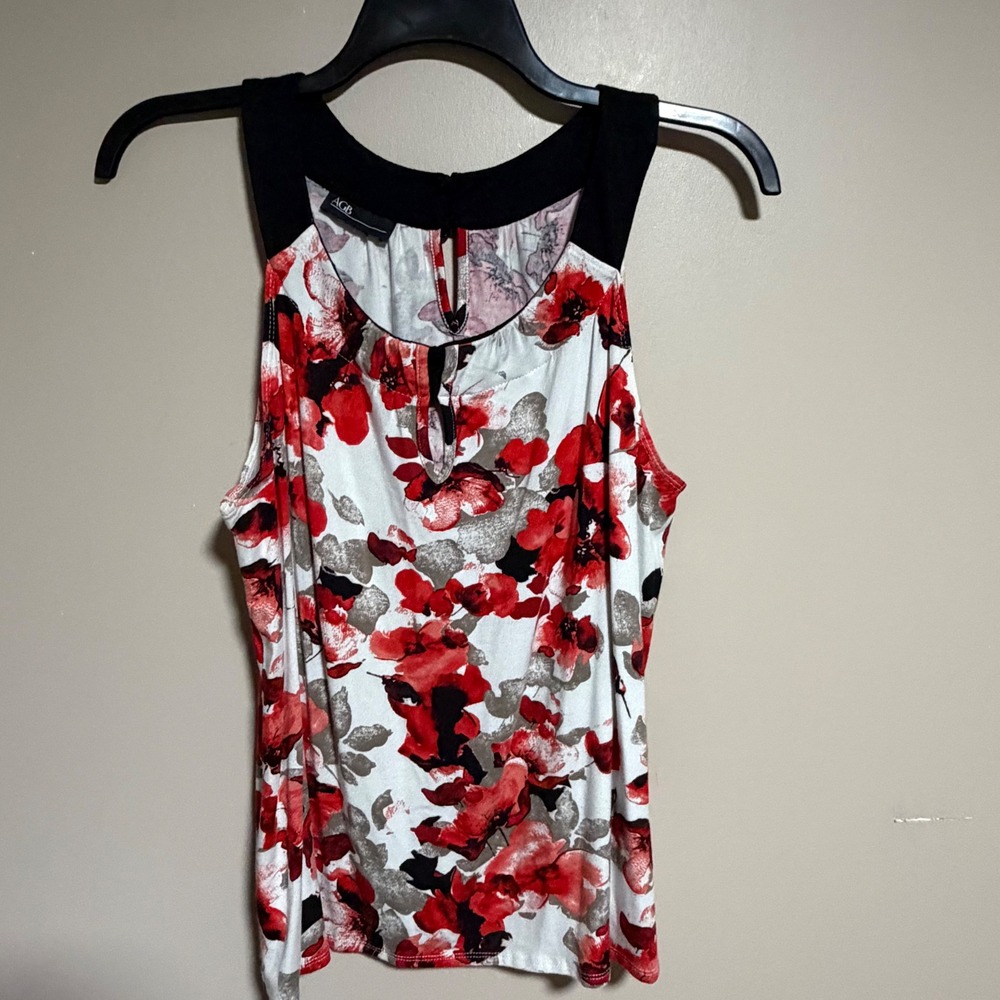 AGB Womens Red Grey Floral Sleeveless Blouse Black Trim Keyhole Neck Top Size L